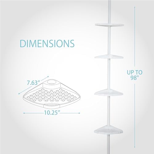 Better Living Products 70040 ULTI-MATE Rust Proof Aluminum Tension Shower Pole Caddy, No Size, White | Adjustable 4 Shelves, Rust-Proof Shower Organizer with Built-in Storage Hooks, No Drill, Standing Corner Shower Caddy, 8 ft