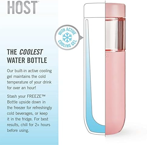 HOST Freeze Double Walled Insulated Water Bottle Freezer Tumbler with Active Cooling Gel Stainless Steel Lid and Silicone Grip, Set of 1 20 Oz Plastic Bottle, Blush