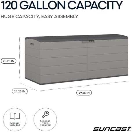 Suncast XL Deck Box, Resin Outdoor Storage, Pad-Lockable Lid, Dove Gray