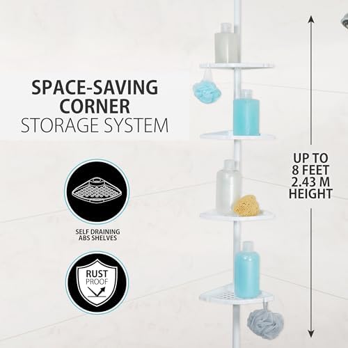 Better Living Products 70040 ULTI-MATE Rust Proof Aluminum Tension Shower Pole Caddy, No Size, White | Adjustable 4 Shelves, Rust-Proof Shower Organizer with Built-in Storage Hooks, No Drill, Standing Corner Shower Caddy, 8 ft