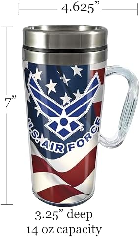 Spoontiques Insulated Travel Mug, 14oz - Double Wall Stainless & Acrylic Drink Cup with Twist Top Lid & Handle - US Air Force
