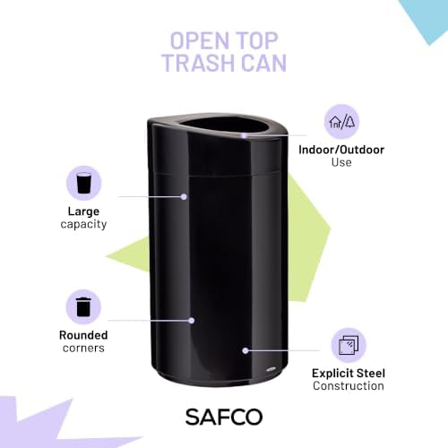 Safco Open Top Trash Can, 30 Gallon Stainless Steel Contemporary Garbage Can for Indoor Use, Black