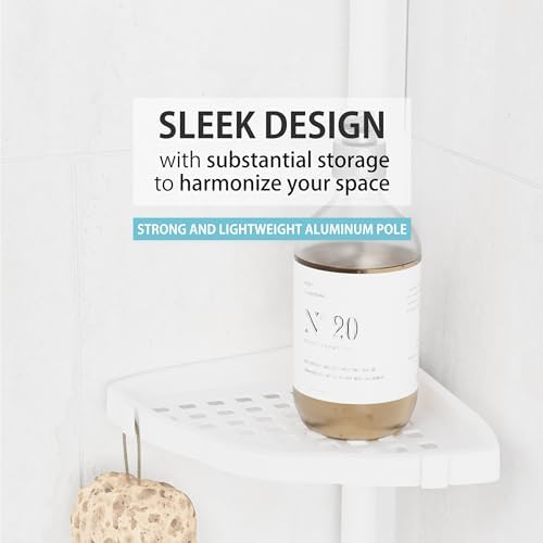 Better Living Products 70040 ULTI-MATE Rust Proof Aluminum Tension Shower Pole Caddy, No Size, White | Adjustable 4 Shelves, Rust-Proof Shower Organizer with Built-in Storage Hooks, No Drill, Standing Corner Shower Caddy, 8 ft