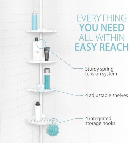 Better Living Products 70040 ULTI-MATE Rust Proof Aluminum Tension Shower Pole Caddy, No Size, White | Adjustable 4 Shelves, Rust-Proof Shower Organizer with Built-in Storage Hooks, No Drill, Standing Corner Shower Caddy, 8 ft