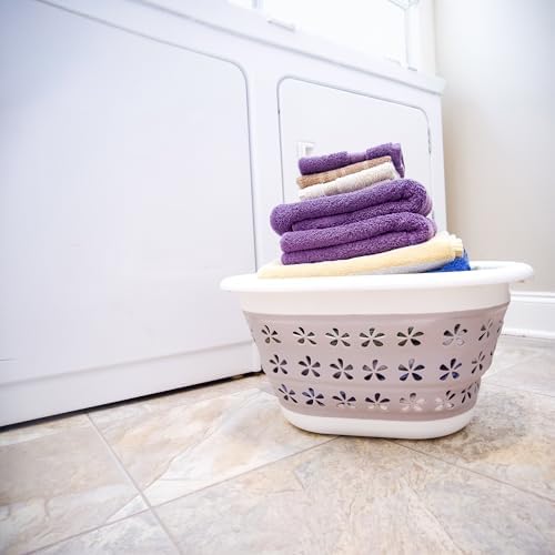 Camco Collapsible Laundry Basket, Small, Taupe/White - Pop Open Waterproof Plastic Bin with Handles for Home, Dorm, RV Storage