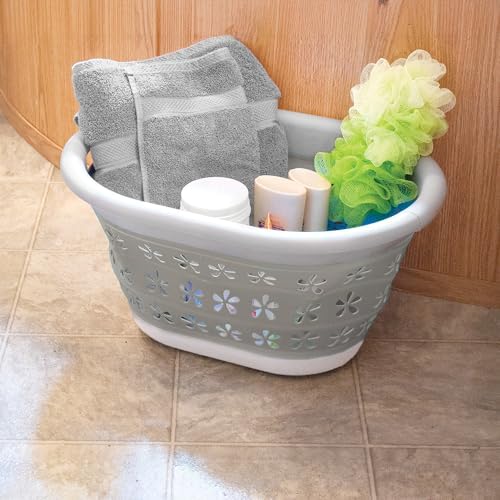 Camco Collapsible Laundry Basket, Small, Taupe/White - Pop Open Waterproof Plastic Bin with Handles for Home, Dorm, RV Storage