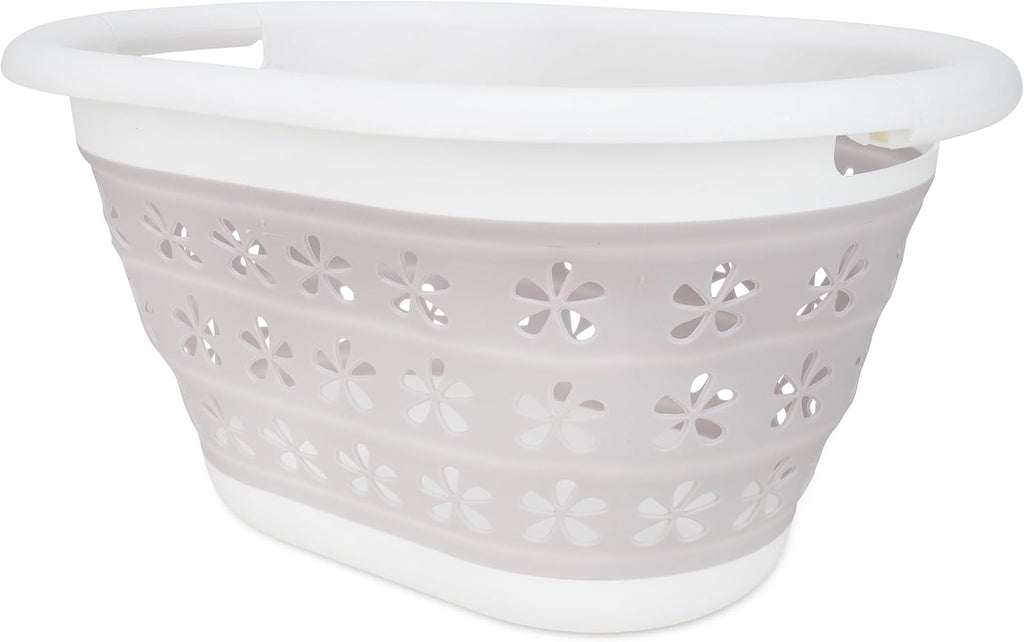 Camco Collapsible Laundry Basket, Small, Taupe/White - Pop Open Waterproof Plastic Bin with Handles for Home, Dorm, RV Storage