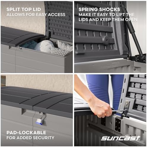 Suncast XL Deck Box, Resin Outdoor Storage, Pad-Lockable Lid, Dove Gray