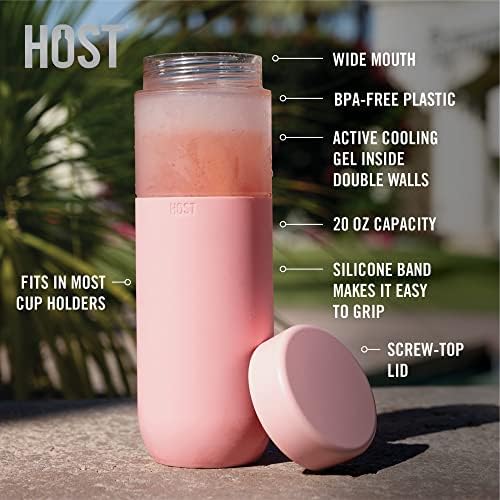 HOST Freeze Double Walled Insulated Water Bottle Freezer Tumbler with Active Cooling Gel Stainless Steel Lid and Silicone Grip, Set of 1 20 Oz Plastic Bottle, Blush