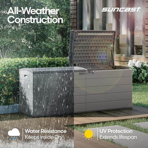 Suncast XL Deck Box, Resin Outdoor Storage, Pad-Lockable Lid, Dove Gray