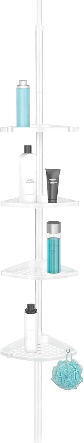 Better Living Products 70040 ULTI-MATE Rust Proof Aluminum Tension Shower Pole Caddy, No Size, White | Adjustable 4 Shelves, Rust-Proof Shower Organizer with Built-in Storage Hooks, No Drill, Standing Corner Shower Caddy, 8 ft