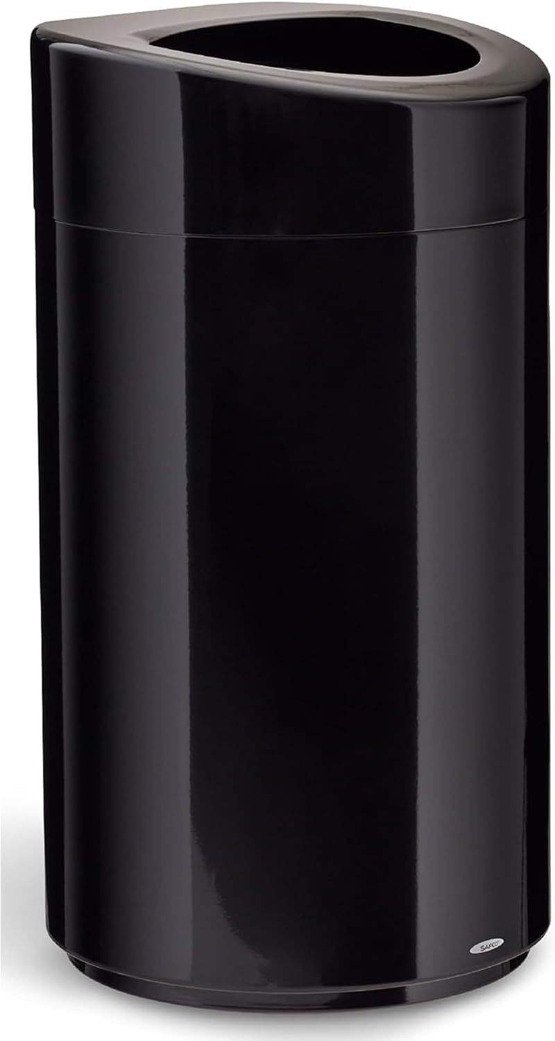 Safco Open Top Trash Can, 30 Gallon Stainless Steel Contemporary Garbage Can for Indoor Use, Black
