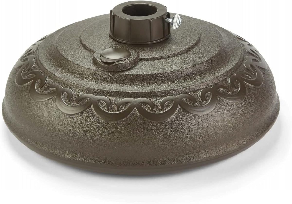 00147, Durable Rust Free Molded Resin, Patio Umbrella Base, 30 pounds Holding Force, 14 1/2" D & 6 1/2" H, Bronze