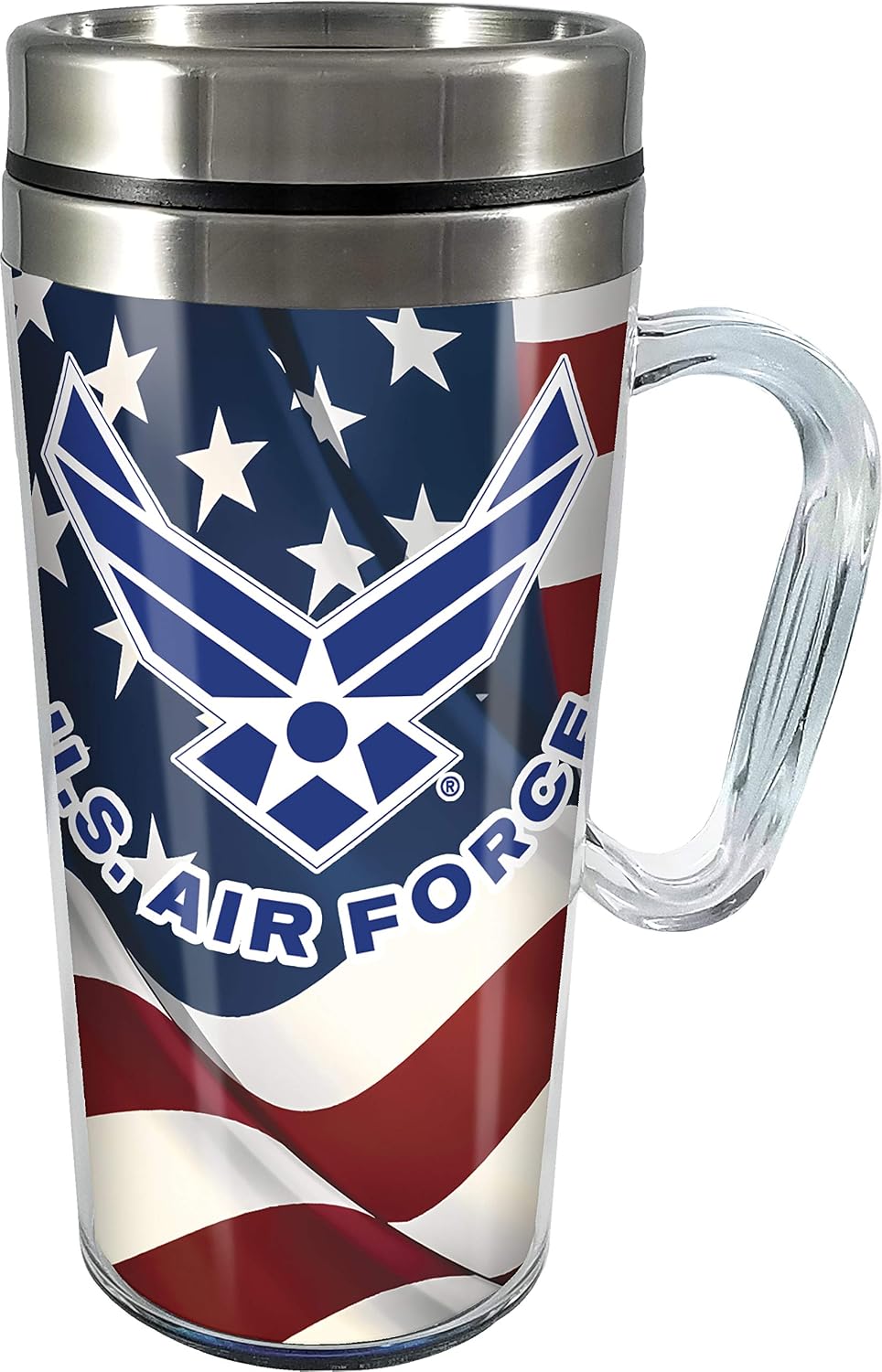 Spoontiques Insulated Travel Mug, 14oz - Double Wall Stainless & Acrylic Drink Cup with Twist Top Lid & Handle - US Air Force